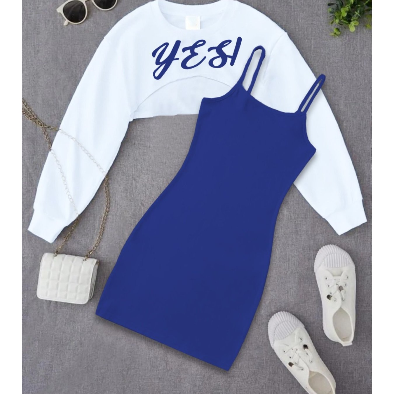 Çocuk Yes Baskılı Elbise & Crop Sweatshirt 2'li Kombin: retailer-supplied image